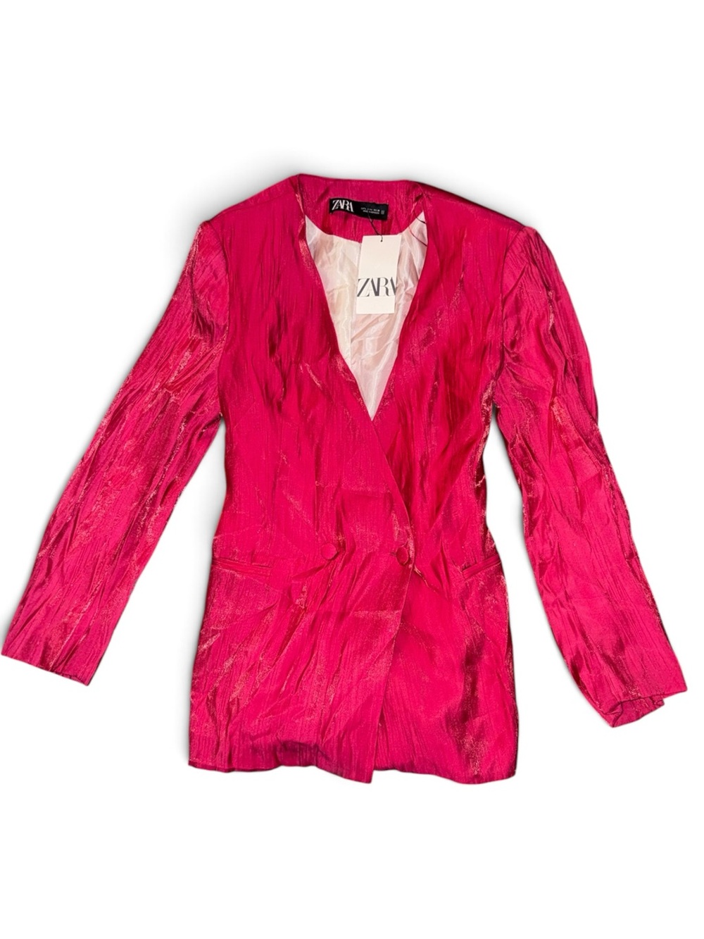 NWT Zara Women’s Medium Fuchsia Satin Double Breasted Blazer Belted